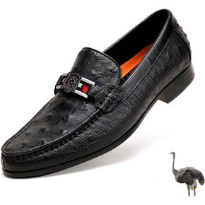 GOLDEN COXES FAMILY Formal Mens Leather Dress Shoes, Classic Ostrich Pattern Slip On Buckle Loafers Business Shoes Party Wedding Leather Loafers for Mens, Black