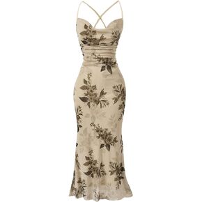 SOLY HUX Women's Floral Print Bodycon Cami Dress Cowl Neck Spaghetti Strap Summer Long Dresses