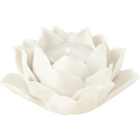 Handmade Ceramic Lotus Flower TeaLight Holder Candlesticks Holder Petals Style Lamp Candle for Home Tabletop Altar windowsill Party Wedding Decoration (White)