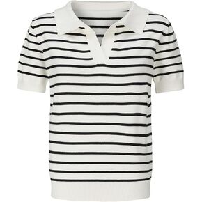 Women Short Sleeve Striped Sweater Collared Pinstripe Tee Shirt Summer Lightweight Knit Tops