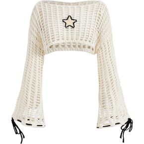 Verdusa Women's Hollow Out Sheer Crop Tops Bell Sleeve Crochet Sweater Cover Up
