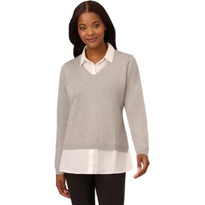Adrianna Papell Women's Solid V-Neck Twofer Sweater