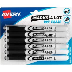 AVERY Marks A Lot Dry Erase Markers, Low Odor White Board Markers with Bullet Tip, 6 Black (24483)