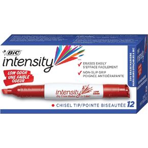BIC Intensity Low Odor Dry Erase Marker, Tank Style, XL Bullet Tip, Red, Bold And Vivid Color, 12-Count