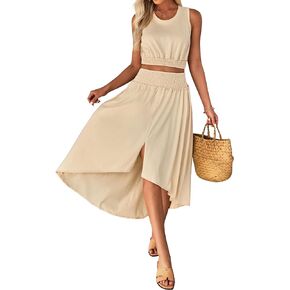 luvamia Two Piece Skirt Sets for Women Smocked Crop Top High Waisted High Low Split Maxi Skirt Co Ord Matching Dress Set