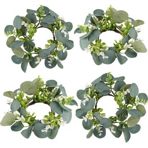 Rhytsing 4pcs Artificial Eucalyptus Leaves Candle Rings, Wreaths of Pillar Candles for Wedding and Home Decoration, Green Candlestick Holders for Spring and Summer - Inner Diameter: 3.5"