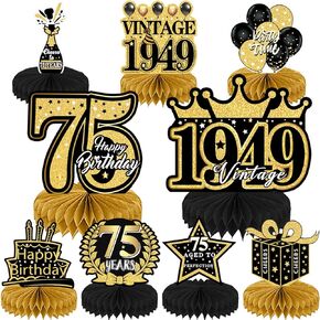 75th Birthday Decorations for Men - 9PCS Black Gold 75th Birthday Honeycomb Centerpieces Table Decorations Women Vintage 1949 Years Birthday Party Happy 75th Birthday Party Decor Supplies