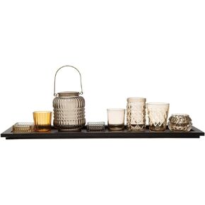 Creative Co-Op Embossed Glass Tealight Black Finish Wood Tray, Set of 9 Votive Holder, 21" L x 6" W x 5" H, Multicolor