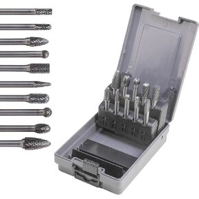 Carbide Cutting Burr Set 1/4 Inch Shank 10pcs Cutting Burr Rotary Files Set with Plastic Case Metal Wood Stone Hole Deburr Contouring Surface Milling Cleaning Grinding Engraving