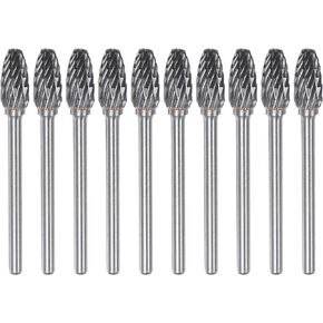 10pcs Carbide Rotary Burrs 1/8" (3mm) Shank 1/4" (6mm) Head Double Cut Flame H Shape Die Grinder Bits Rasp Files for Metal Wood Plastic Polishing Engraving