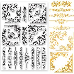 INFUNLY Flower Corner Stamps for Card Making 8.3x11.7 Border Pattern Clear Stamp Leaf Rubber Stamp Floral Plant Silicone Transparent Stamps for DIY Scrapbooking Birthday Card Photo Album Journaling