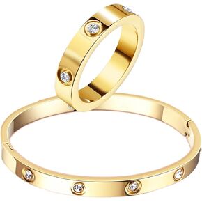 Love Friendship Gold Rings Bracelets for Women 18K Gold Plated Cubic Zirconia Stainless Steel Bangle Jewelry Set Gifts Ring Size 6-10