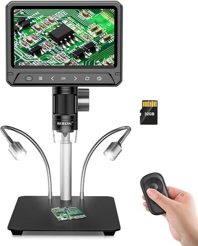 مجهر رقمي BEBANG مقاس 7 بوصات LCD 1200x للبالغين، مكبر مجهر للعملات المعدنية 3024P، مجهر لحام 12 ميجابكسل مع عرض الكمبيوتر الشخصي، متوافق مع نظام التشغيل MacOS Windows، بطاقة SD سعة 32 جيجابايت (أسود) in Kuwait
