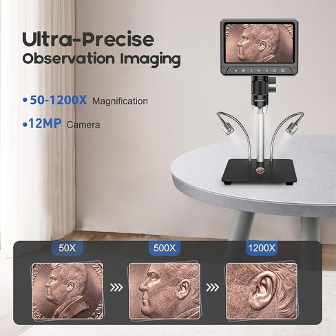 مجهر رقمي BEBANG مقاس 7 بوصات LCD 1200x للبالغين، مكبر مجهر للعملات المعدنية 3024P، مجهر لحام 12 ميجابكسل مع عرض الكمبيوتر الشخصي، متوافق مع نظام التشغيل MacOS Windows، بطاقة SD سعة 32 جيجابايت (أسود) in Kuwait