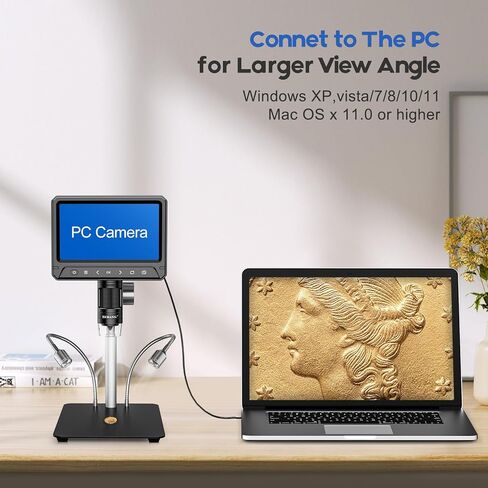 مجهر رقمي BEBANG مقاس 7 بوصات LCD 1200x للبالغين، مكبر مجهر للعملات المعدنية 3024P، مجهر لحام 12 ميجابكسل مع عرض الكمبيوتر الشخصي، متوافق مع نظام التشغيل MacOS Windows، بطاقة SD سعة 32 جيجابايت (أسود) in Kuwait