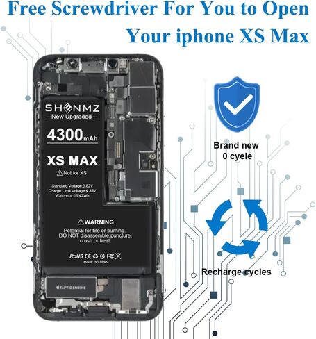 SHENMZ Battery for iPhone Xs Max, 4300mAh Higher Capacity New 0 Cycle Battery Replacement for iPhone Xs Max Model A1921, A2101, A2102, A2104 with Complete Professional Repair Tool Kits in Kuwait