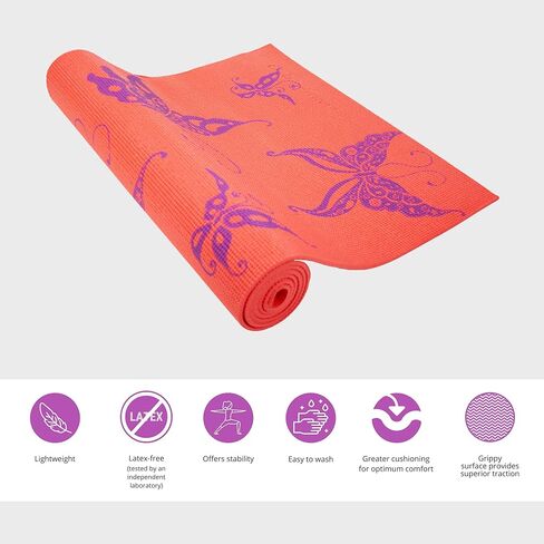 Wai Lana Yoga and Pilates Mat Butterfly (Coral) - 1/4 Inch Extra Thick Non-Slip Stylish, Latex-Free, Lightweight, Optimum Comfort in Kuwait