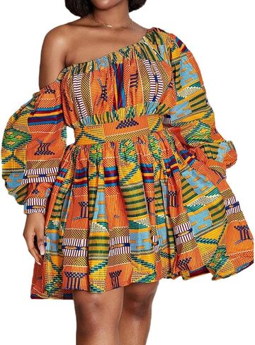 Giovacker Women's African Print Deep V-Neck High Waist Bohemian Maxi Long Dress in Saudi Arabia