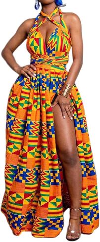 Giovacker Women's African Print Deep V-Neck High Waist Bohemian Maxi Long Dress in Saudi Arabia