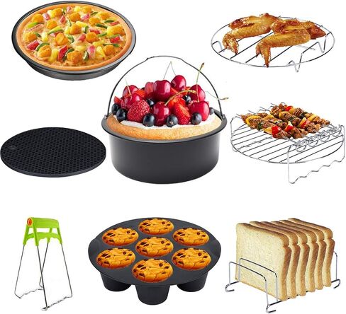 JACKGOLD 7 Inch 8-piece Set Fit All 3.2qt-6.8qt, Air Fryer Accessories 8 Pcs Kits with Skewers Silicone Mat,Non-Stick, Dishwasher Safe,Universal, Black in Saudi Arabia