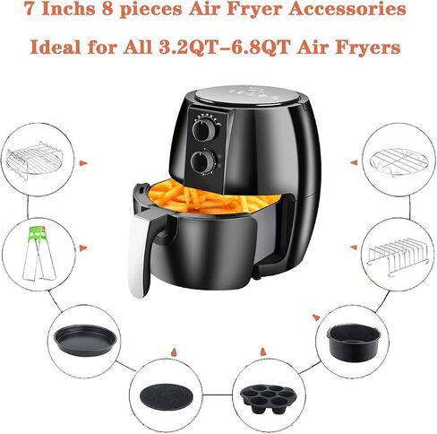 JACKGOLD 7 Inch 8-piece Set Fit All 3.2qt-6.8qt, Air Fryer Accessories 8 Pcs Kits with Skewers Silicone Mat,Non-Stick, Dishwasher Safe,Universal, Black in Saudi Arabia