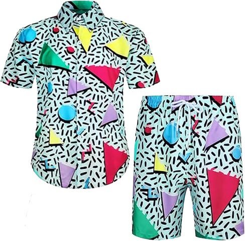 HiliyKiliy Men's 2 Pieces 80s 90s Outfit Retro 90s Shirts and Shorts Set Vintage Active Tracksuits for Disco Party in Saudi Arabia