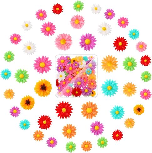 50pcs Daisy Charms Resin Flower Embellishments Tiny Resin Flowers Cabochons Daisies Peony Flatback Cabochons with Storage Box for Scrapbooking Phone Case Hair Accessories (10 Color) in Saudi Arabia