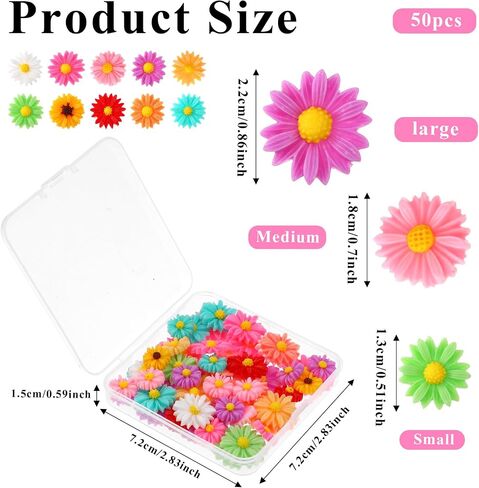 50pcs Daisy Charms Resin Flower Embellishments Tiny Resin Flowers Cabochons Daisies Peony Flatback Cabochons with Storage Box for Scrapbooking Phone Case Hair Accessories (10 Color) in Saudi Arabia
