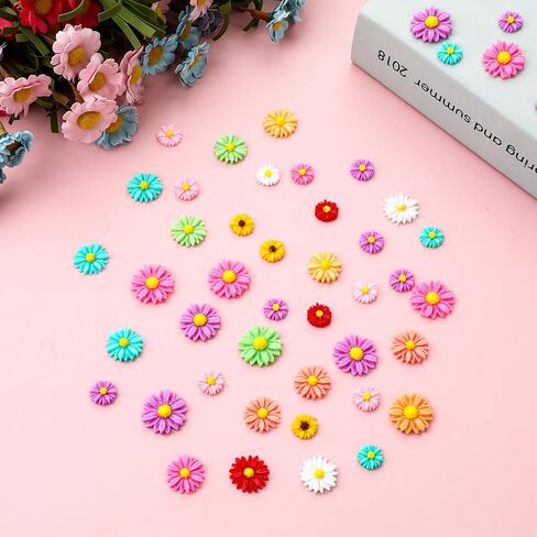 50pcs Daisy Charms Resin Flower Embellishments Tiny Resin Flowers Cabochons Daisies Peony Flatback Cabochons with Storage Box for Scrapbooking Phone Case Hair Accessories (10 Color) in Saudi Arabia