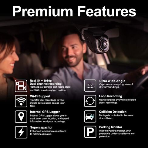كاميرا قياس مزدوجة V1P Max 4K UHD - أمامية 4K وخلفية 1080 بكسل، واي فاي، نظام تحديد المواقع العالمي (GPS)، رؤية ليلية، مكثف فائق، زاوية واسعة 170 درجة، تسجيل حلقي، مستشعر G، كاميرا مراقبة للسيارات in Kuwait