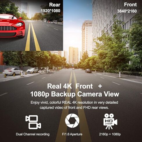 كاميرا قياس مزدوجة V1P Max 4K UHD - أمامية 4K وخلفية 1080 بكسل، واي فاي، نظام تحديد المواقع العالمي (GPS)، رؤية ليلية، مكثف فائق، زاوية واسعة 170 درجة، تسجيل حلقي، مستشعر G، كاميرا مراقبة للسيارات in Kuwait