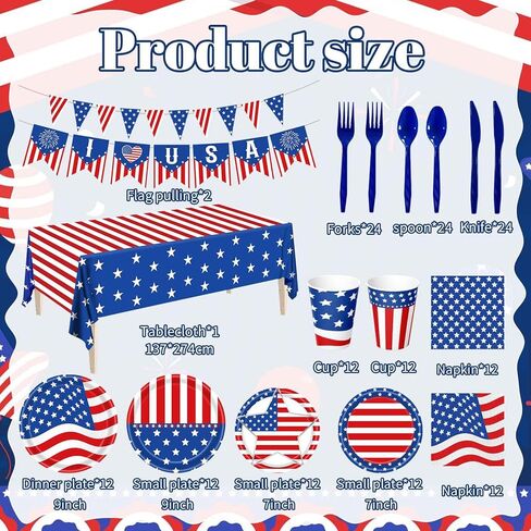 أدوات مائدة لحفلات الرابع من يوليو 170 قطعة، أطباق عشاء وطنية، أطباق حلوى، مناديل، مفارش طاولة، أكواب، لافتات لحفلة عيد الاستقلال، يوم الذكرى، يوم المحاربين القدامى، يوم الانتخابات، 24 ضيفًا in Kuwait