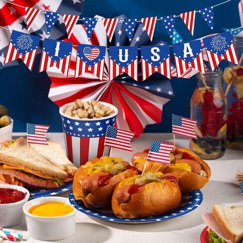 أدوات مائدة لحفلات الرابع من يوليو 170 قطعة، أطباق عشاء وطنية، أطباق حلوى، مناديل، مفارش طاولة، أكواب، لافتات لحفلة عيد الاستقلال، يوم الذكرى، يوم المحاربين القدامى، يوم الانتخابات، 24 ضيفًا in Kuwait