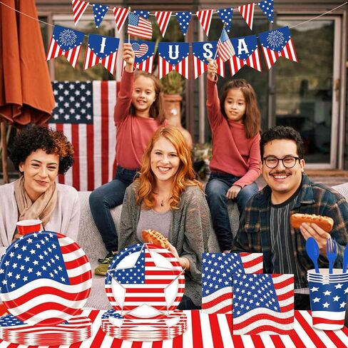 أدوات مائدة لحفلات الرابع من يوليو 170 قطعة، أطباق عشاء وطنية، أطباق حلوى، مناديل، مفارش طاولة، أكواب، لافتات لحفلة عيد الاستقلال، يوم الذكرى، يوم المحاربين القدامى، يوم الانتخابات، 24 ضيفًا in Kuwait