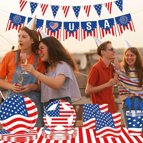 أدوات مائدة لحفلات الرابع من يوليو 170 قطعة، أطباق عشاء وطنية، أطباق حلوى، مناديل، مفارش طاولة، أكواب، لافتات لحفلة عيد الاستقلال، يوم الذكرى، يوم المحاربين القدامى، يوم الانتخابات، 24 ضيفًا in Kuwait