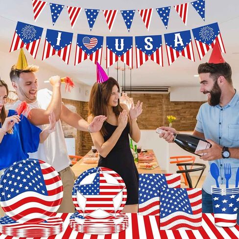 أدوات مائدة لحفلات الرابع من يوليو 170 قطعة، أطباق عشاء وطنية، أطباق حلوى، مناديل، مفارش طاولة، أكواب، لافتات لحفلة عيد الاستقلال، يوم الذكرى، يوم المحاربين القدامى، يوم الانتخابات، 24 ضيفًا in Kuwait