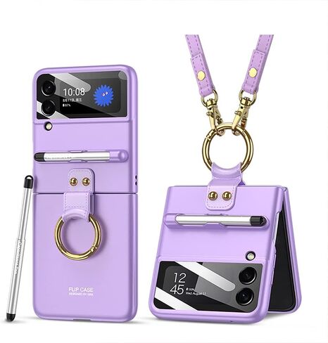 for Samsung Galaxy Z Flip 3 Case with Pen and Ring,Ultra Thin Matte Leather Anti-Drop Phone Cover with Camera Screen Protector for Samsung Galaxy Z Flip 3 5G in Saudi Arabia