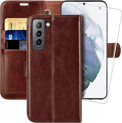 حافظة محفظة MONASAY متوافقة مع هاتف Galaxy S22 5G، [واقي شاشة متضمن] [حجب RFID] غطاء هاتف خلوي من الجلد القابل للطي مع حامل بطاقة الائتمان، بني in Kuwait