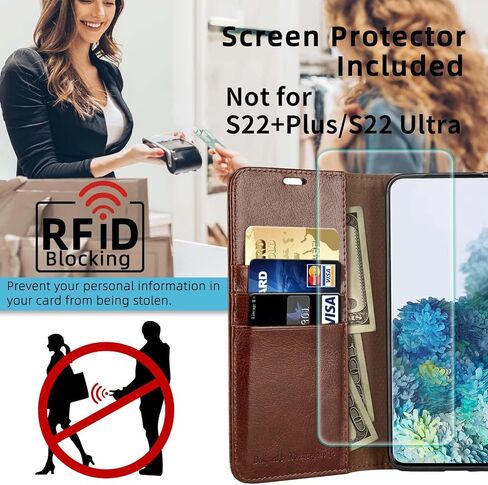 حافظة محفظة MONASAY متوافقة مع هاتف Galaxy S22 5G، [واقي شاشة متضمن] [حجب RFID] غطاء هاتف خلوي من الجلد القابل للطي مع حامل بطاقة الائتمان، بني in Kuwait