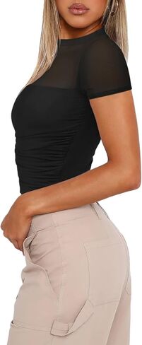 REORIA Women’s Sexy Sheer Mesh Ruched Mock Turtleneck Short Sleeve Going Out Shirts Crop Tops in Saudi Arabia
