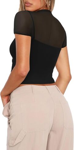 REORIA Women’s Sexy Sheer Mesh Ruched Mock Turtleneck Short Sleeve Going Out Shirts Crop Tops in Saudi Arabia