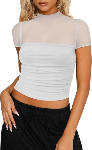 REORIA Women’s Sexy Sheer Mesh Ruched Mock Turtleneck Short Sleeve Going Out Shirts Crop Tops in Saudi Arabia