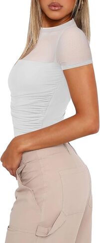 REORIA Women’s Sexy Sheer Mesh Ruched Mock Turtleneck Short Sleeve Going Out Shirts Crop Tops in Saudi Arabia