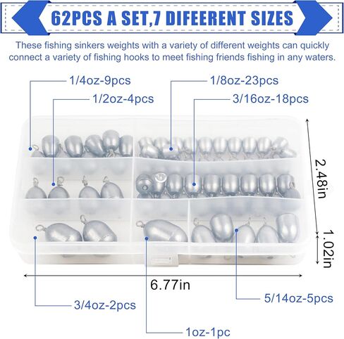 Fishing Weights Sinkers,27/62pcs Lead Free Fishing Weights Catfish Weights Steel Drop Shot Weights for Saltwater Freshwater Surf Bottom Fishing Bass Trout Catfish Walleye in Kuwait