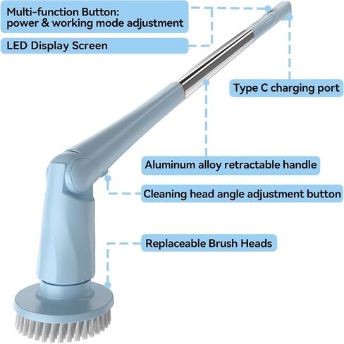 Electric Spin Scrubber, Cordless Cleaning Brush with Extendable Long Handle, Adjustable Brush Head, LED Display, 2H Runtime, 2 Speeds Power Shower Brush for Bathroom Tub Tile in Saudi Arabia