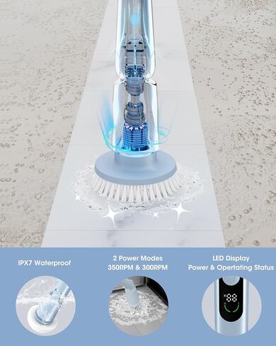 Electric Spin Scrubber, Cordless Cleaning Brush with Extendable Long Handle, Adjustable Brush Head, LED Display, 2H Runtime, 2 Speeds Power Shower Brush for Bathroom Tub Tile in Saudi Arabia