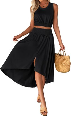 luvamia Two Piece Skirt Sets for Women Smocked Crop Top High Waisted High Low Split Maxi Skirt Co Ord Matching Dress Set in Saudi Arabia