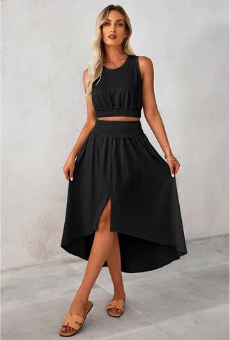 luvamia Two Piece Skirt Sets for Women Smocked Crop Top High Waisted High Low Split Maxi Skirt Co Ord Matching Dress Set in Saudi Arabia