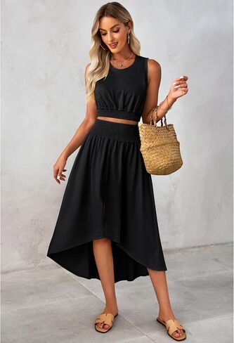 luvamia Two Piece Skirt Sets for Women Smocked Crop Top High Waisted High Low Split Maxi Skirt Co Ord Matching Dress Set in Saudi Arabia
