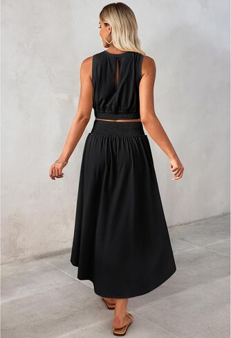luvamia Two Piece Skirt Sets for Women Smocked Crop Top High Waisted High Low Split Maxi Skirt Co Ord Matching Dress Set in Saudi Arabia